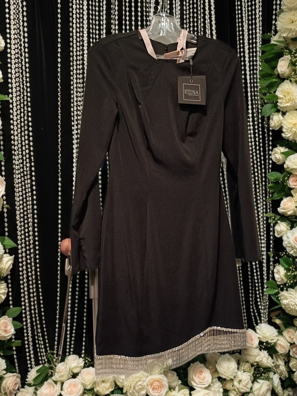Ieena For Mac Duggal 26669 Black Long-Sleeve Mini Cocktail Dress Beaded Fringe